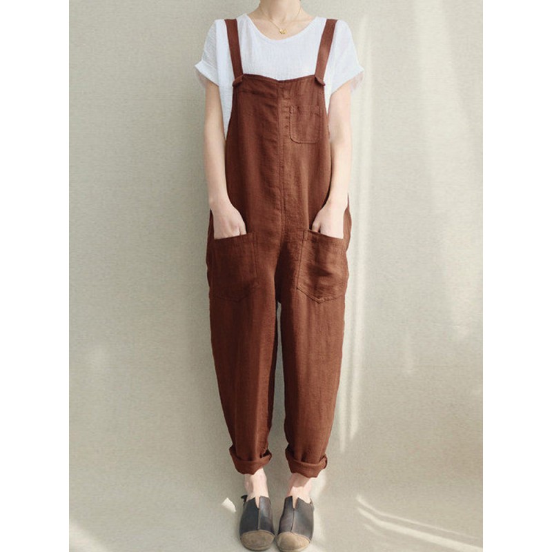 Women Bib Cargo Overalls Harem Pockets Cotton Jumpsuit