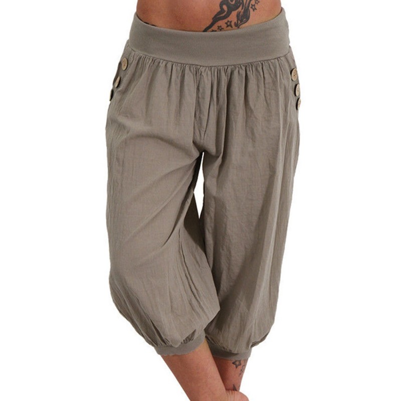 Khaki Pants Sport Loose Pleated Cotton Casual Capris