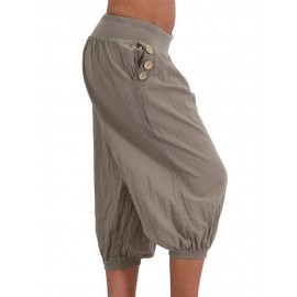 Khaki Pants Sport Loose Pleated Cotton Casual Capris