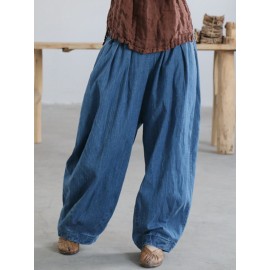 Elastic Waist Wide Legs Pockets Casual Jeans