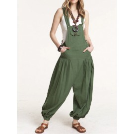 Drop-crotch Solid Color Button Pockets Pleated Jumpsuit