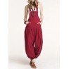 Drop-crotch Solid Color Button Pockets Pleated Jumpsuit