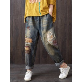 Vintage Patchwork Cartoon Elastic Waist Harem Denim