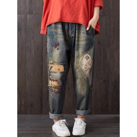 Vintage Patchwork Cartoon Elastic Waist Harem Denim