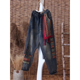 Thick Folk Style Print Patchwork Vintage Denim