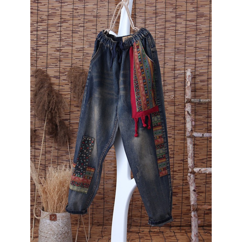 Thick Folk Style Print Patchwork Vintage Denim