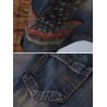 Thick Folk Style Print Patchwork Vintage Denim