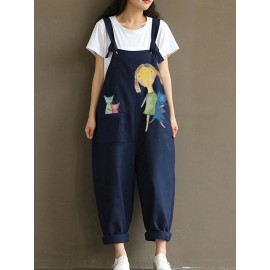 Print Cartoon Pocket Bib Cargo Cotton Jumpsuit