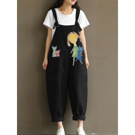 Print Cartoon Pocket Bib Cargo Cotton Jumpsuit