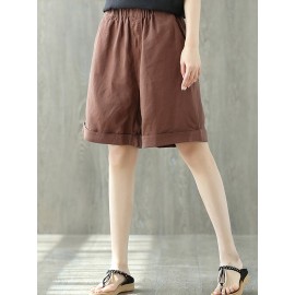 Elastic Waist Solid Color Pockets Vintage Wide Leg Shorts