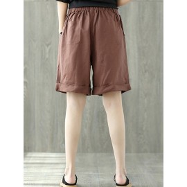 Elastic Waist Solid Color Pockets Vintage Wide Leg Shorts