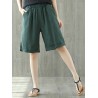 Elastic Waist Solid Color Pockets Vintage Wide Leg Shorts