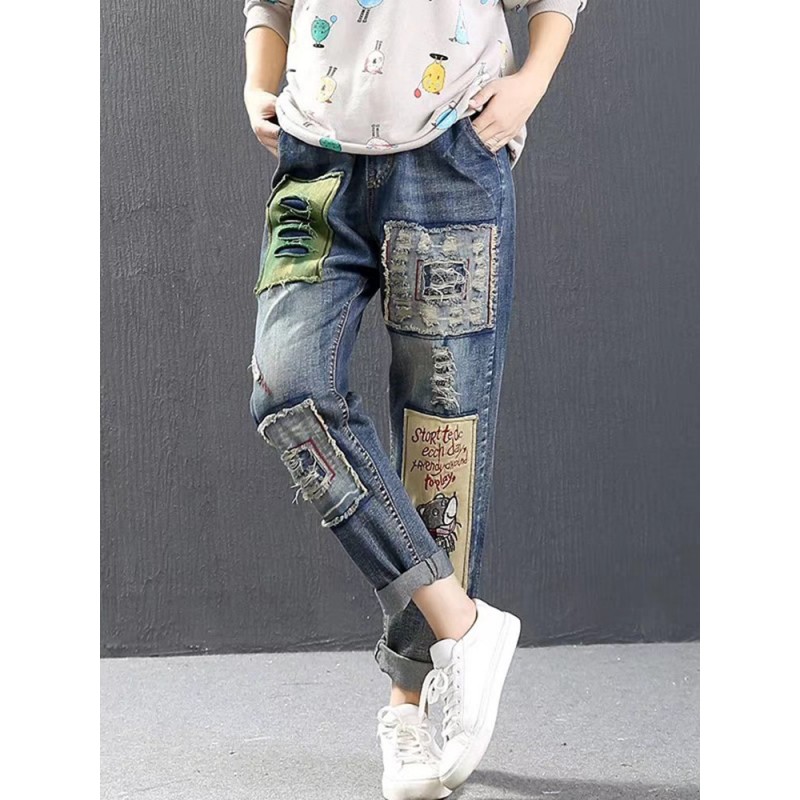 Letter Cartoon Embroidery Patch Ripped Jeans For Women