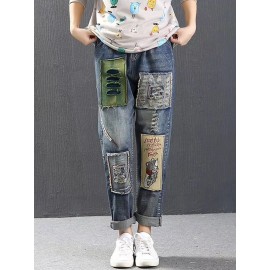 Letter Cartoon Embroidery Patch Ripped Jeans For Women