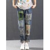 Letter Cartoon Embroidery Patch Ripped Jeans For Women