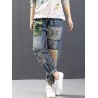 Letter Cartoon Embroidery Patch Ripped Jeans For Women