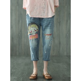 Cute Cartoon Girl Patchwork Embroidery Distressed Elastic Waist Denim