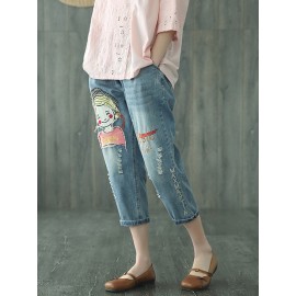 Cute Cartoon Girl Patchwork Embroidery Distressed Elastic Waist Denim