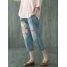 Cute Cartoon Girl Patchwork Embroidery Distressed Elastic Waist Denim