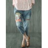 Cute Cartoon Girl Patchwork Embroidery Distressed Elastic Waist Denim