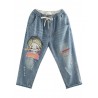 Cute Cartoon Girl Patchwork Embroidery Distressed Elastic Waist Denim