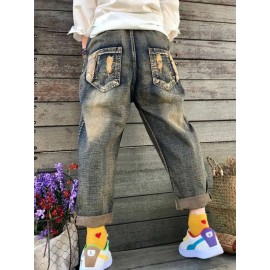 Robot Embroidered Patchwork Ripped Women Denim