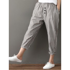 Buttons Stripe Elastic Waist Pockets Casual Harem Pants