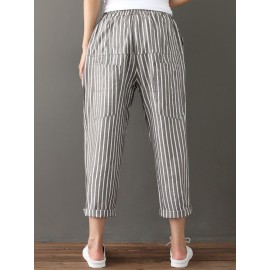 Buttons Stripe Elastic Waist Pockets Casual Harem Pants