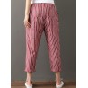 Buttons Stripe Elastic Waist Pockets Casual Harem Pants