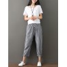 Buttons Stripe Elastic Waist Pockets Casual Harem Pants