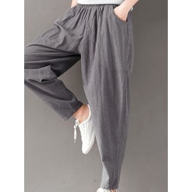 Casual Solid Color Elastic Waist Full Length Women Harem Pants