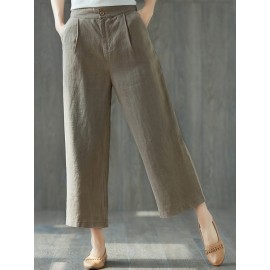 Pure Color Wide Leg Pockets Elastic Waist Casual Pants