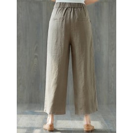 Pure Color Wide Leg Pockets Elastic Waist Casual Pants