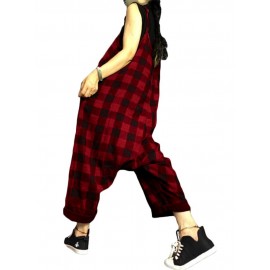 Women Loose Plaid Spaghetti Straps Casual Harem Romper