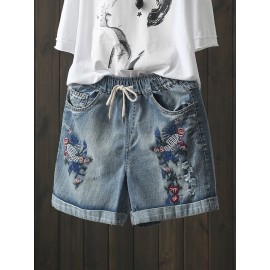 Women Floral Embroidered Drawstring Vintage Short Jeans