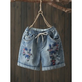 Women Floral Embroidered Drawstring Vintage Short Jeans