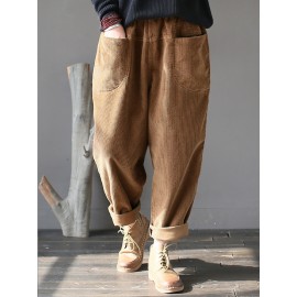 Solid Color Elastic Waist Corduroy Casual Pants