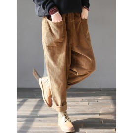 Solid Color Elastic Waist Corduroy Casual Pants