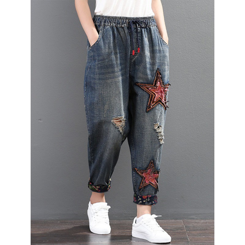 Harem Patchwork Stars Elastic Waist Denim