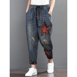 Harem Patchwork Stars Elastic Waist Denim