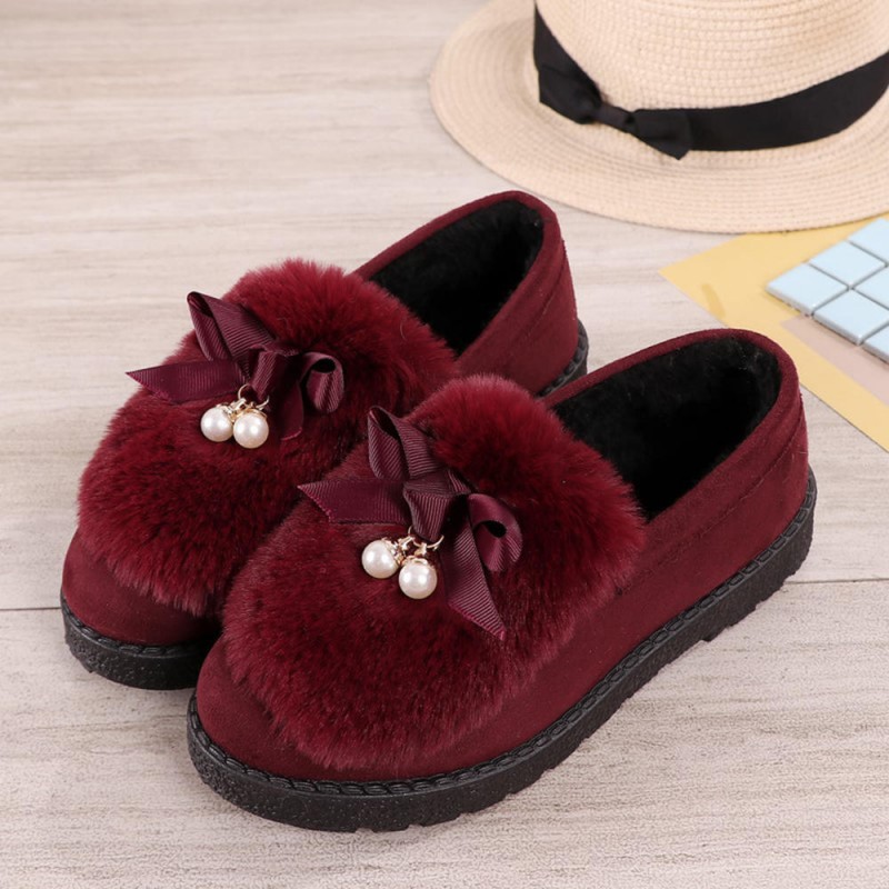 Women Casual Keep Warm Fluffy Butterfly Knot Flat Loafers