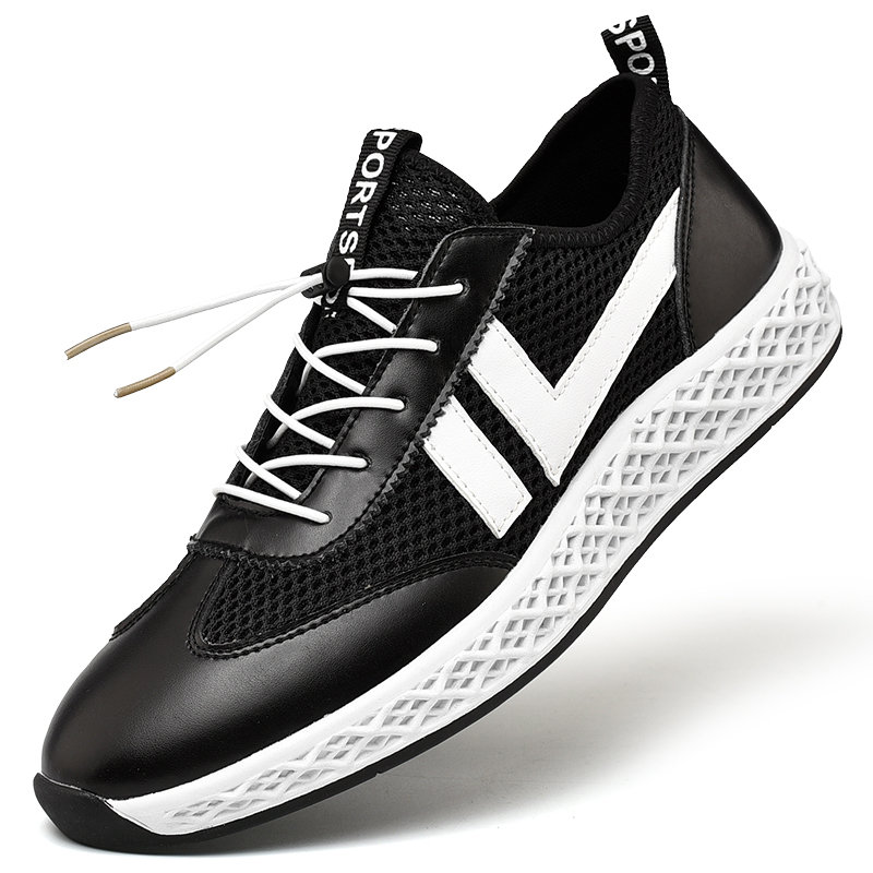 Men Mesh Leather Splicing Breathable Slip Resistant Sport Casual Running Sneakers