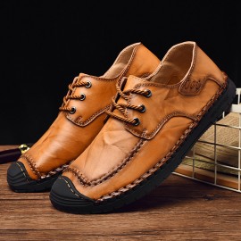 Men Classic Hand Stitching Comfy Soft Lace Up Leather Shoes