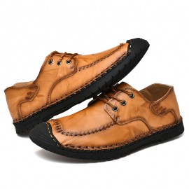 Men Classic Hand Stitching Comfy Soft Lace Up Leather Shoes