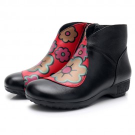 Plus Size Women Folkways Warm Genuine Leather Flowers Zippers Ankle Boots