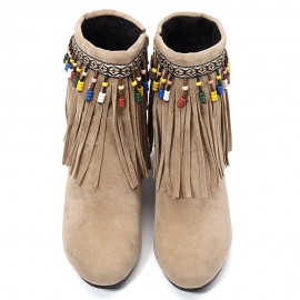 Large Size Women Casual Bohemia Beading Tassel Heigth Increasing Zipper Boots