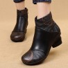 Women Retro Folkways Vein Genuine Leather Zip Chunky Heel Ankle Boots