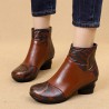 Women Retro Folkways Vein Genuine Leather Zip Chunky Heel Ankle Boots