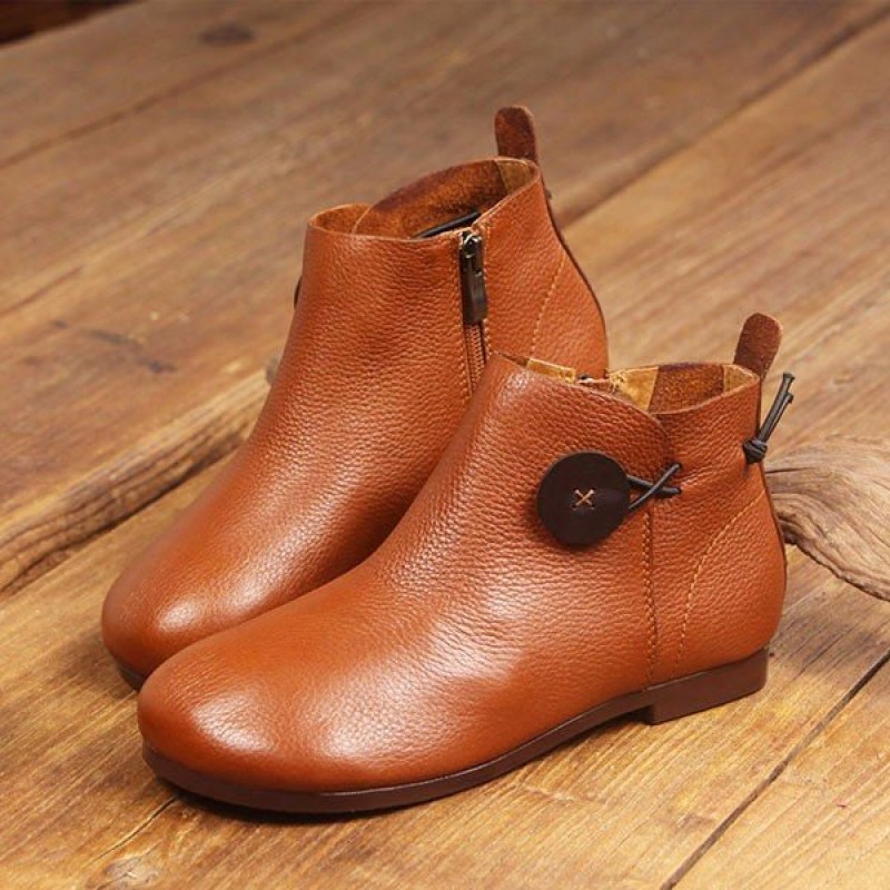 SOCOFY Genuine Leather Button Stitching Ankle Zipper Vintage Boots