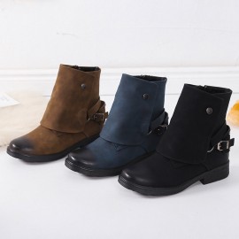 Splicing Round Toe Metal Rivet Flat Boots For Women